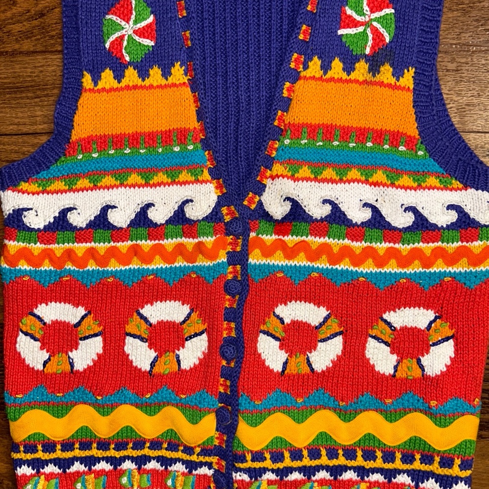 Marisa Christina ~ Large ~ Hand Knitted ~ Orange/Yellow/Blue ~ Ocean/Fish ~ Vest - Picture 9 of 16